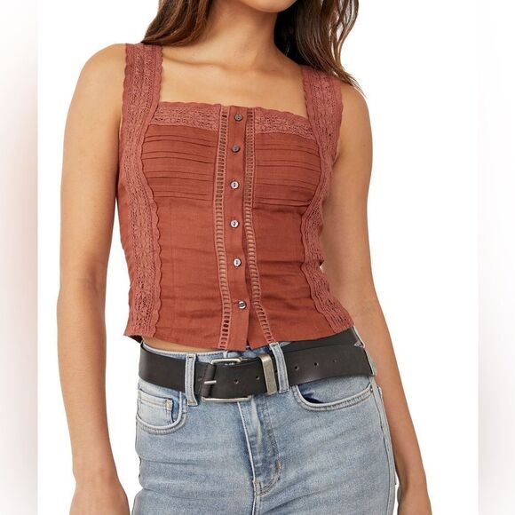 Free People Maggie Lace Tank In Coconut Shell - Picture 1 of 4